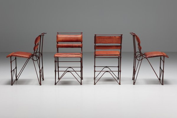 Mid Century Modern French Cognac Leather Steel Frame Dining Chairs