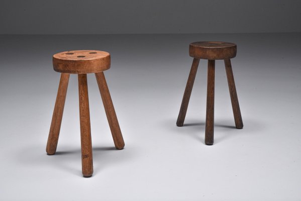 Mid Century Rustic Three Legged Stools 1940s Set of 4 for sale