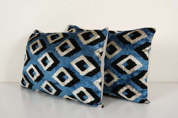 Blue Silk Ikat Velvet Lumbar Cushion Covers Set of 2 for sale at