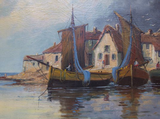 M. Bernard, Ships in the Port, Oil on Canvas, Framed for sale at