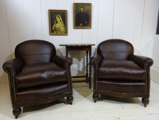 Antique Art Deco Brown Leather Club, Brown Leather Chairs For Living Room