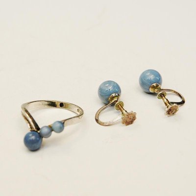 Vintage Swedish Silverring and Earrings in Blue Stone 1980s Set of 3