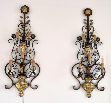 Italian Crystal And Gilt Wrought Iron Wall Sconces By Florence 1960s Set Of 2 For At Pamono - Large Candle Wall Sconces Wrought Iron