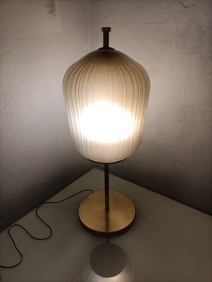 Large Satin Brass Ribbed Milky Glass Floor Lamp for sale at Pamono