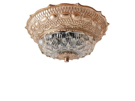 Large Art Nouveau Gold Brass and Glass Flush Mount Ceiling Lamp 1930s