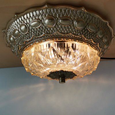Large Art Nouveau Gold Brass and Glass Flush Mount Ceiling Lamp