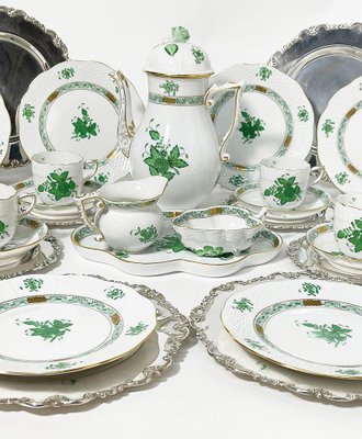 Chinese Bouquet Apponyi Green Porcelain Coffee Set with Silver