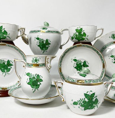 Green Porcelain Chinese Bouquet Apponyi Tea Set from Herend