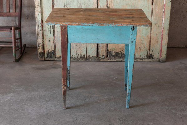 19th Century Rustic Painted Side Table, Small Aqua Side Table
