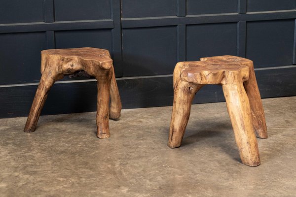 English Primitive Teak Root Side Tables, Teak Root Bar Table And Stools Set Up