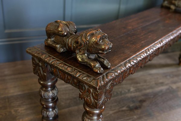 English Hand-Carved Oak Bench with Recumbent Carved Lions for sale