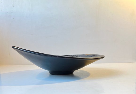 Black Ceramic Leaf Dish with Rattan by Ivar Jensen for Hedehus Keramik 1960s for sale at Pamono