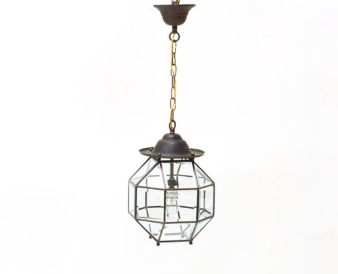 Art Deco Lantern In Brass With Original, Beveled Glass Lantern Chandelier