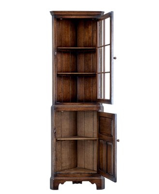 20th Century English Oak Corner Cabinet, Tall Skinny Corner Bookcase