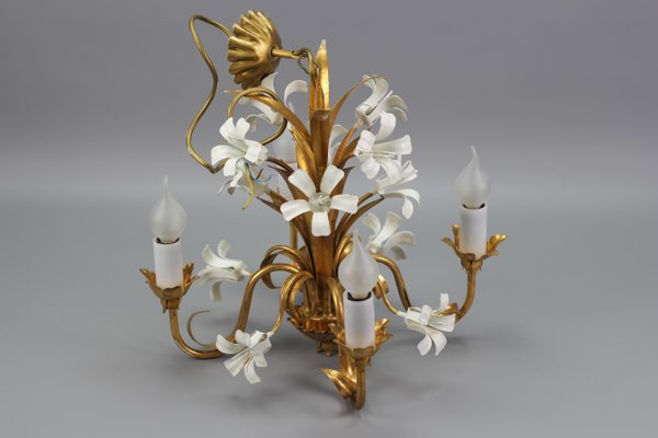 Florentine Gilt Metal Chandelier with White Lily Flowers for sale