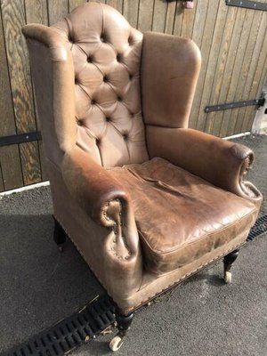 Antique Victorian Brown Leather, Small Leather Fireside Chairs