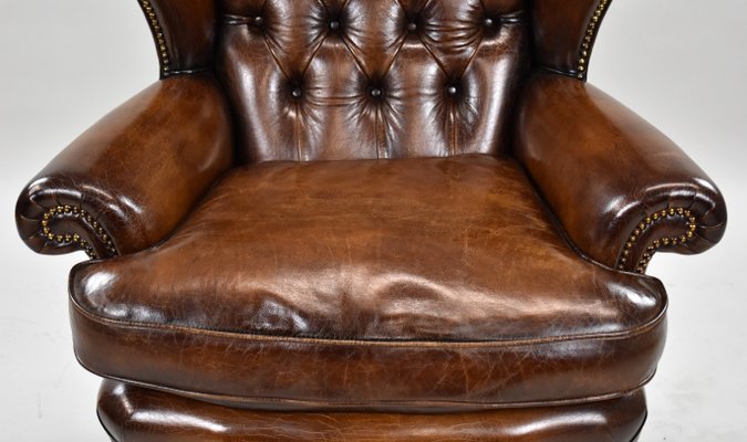 George Ii Style Brown Leather Armchair, Brown Leather Tufted Armchair