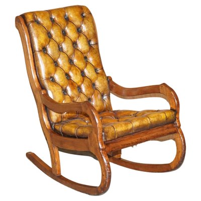 Hand Carved Chesterfield Brown Leather, Antique Leather And Wood Rocking Chair