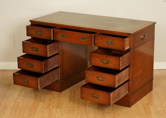 Vintage Desk In Yew Wood With Embossed, Vintage Wooden Desk With Leather Top