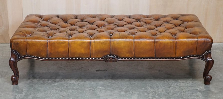 Large Chesterfield Hand Dyed Brown Leather Hearth Footstool