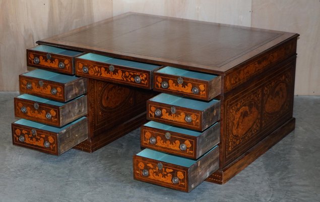 Antique Dutch Marquetry Inlaid Double Sided Twin Pedestal Partners Desk