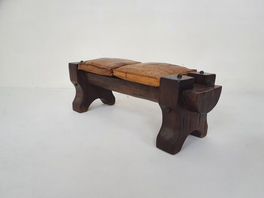 Solid Oak Bench With Leather Cushions, Leather And Wood Bench Seat