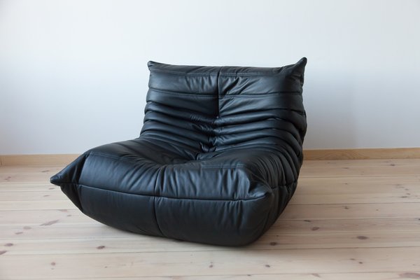 Vintage original Togo black leather armchair by Michel Ducaroy for