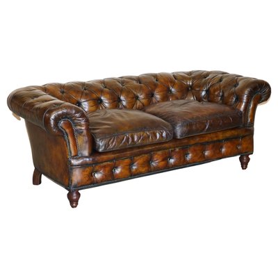 Antique Victorian Chesterfield Tufted Brown Leather Sofa with