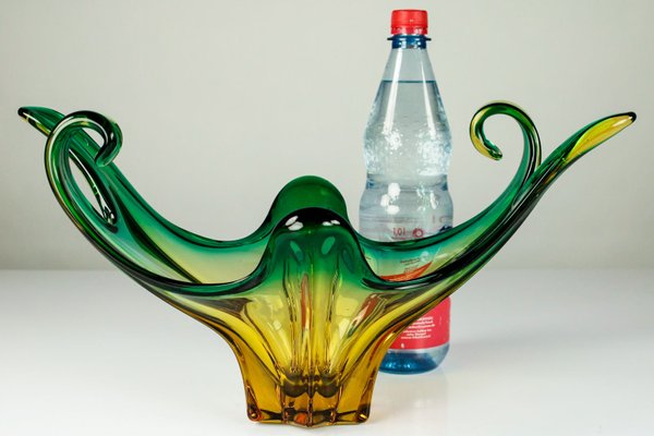Bol Décoratif En Verre De Murano Venise - Modèle Sbruffo Fazzoletto, Couleurs Vert Aqua Et Violet - Neuf, Fait Main En Italie