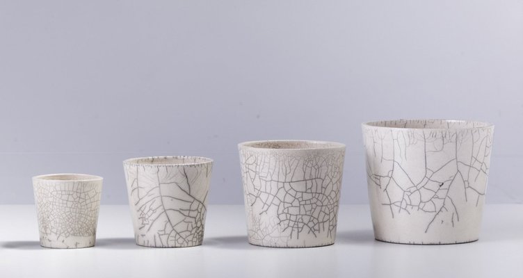 Japanese Minimalist White Crackle Raku Ceramics Bowls, Set of 4