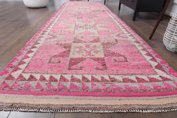 Vintage Turkish Pink Oushak Hand-Knotted Wool Runner Rug for sale