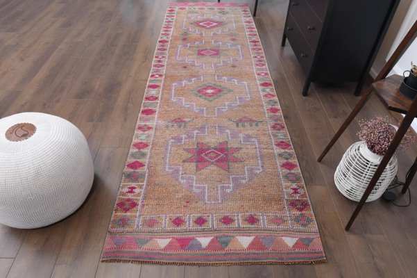 Vintage Turkish Pink Oushak Anatolian Wool Carpet Runner Rug for