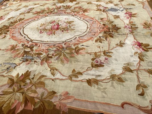 Large Antique Distressed Aubusson Flat Rug for sale at Pamono