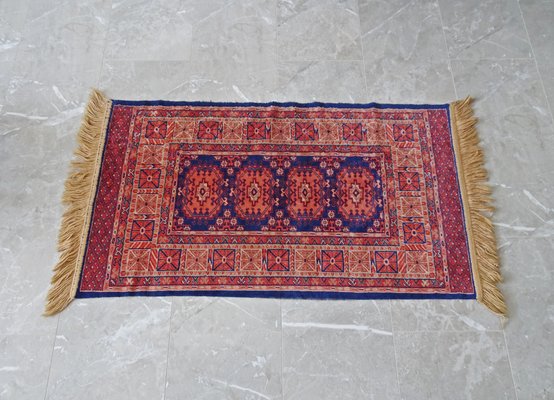 Teppich Oriental Vintage blau Schurwolle handgeknüpft weiß Fransen Karo gebrauch 