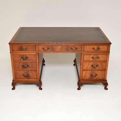 Antique Pedestal Desk With Leather Top, Antique Wood Desk With Leather Top
