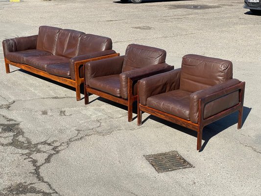 Mid Century Modern Danish Living Room Set in Rosewood and Leather by Arne Wahl Iversen 1970s Set of 3