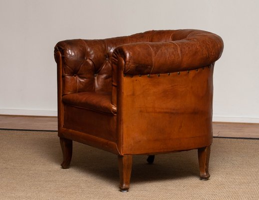 Antique Swedish Chesterfield Club Chair, Brown Leather Tufted Armchair