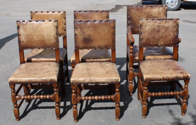 Oak Leather Dining Chairs 1920s Set, Real Leather Dining Chairs Set Of 6