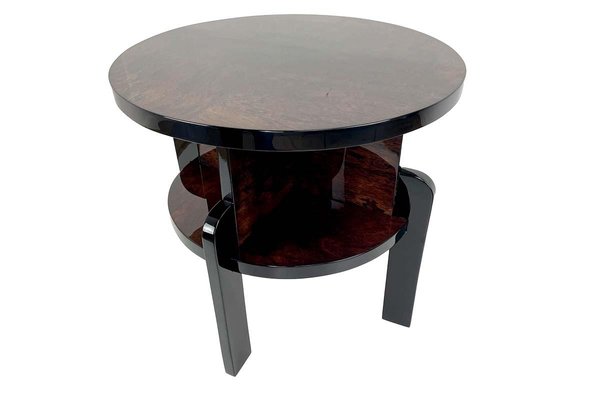 Art Deco Round Side Table in Veneer Black High Gloss Lacquer