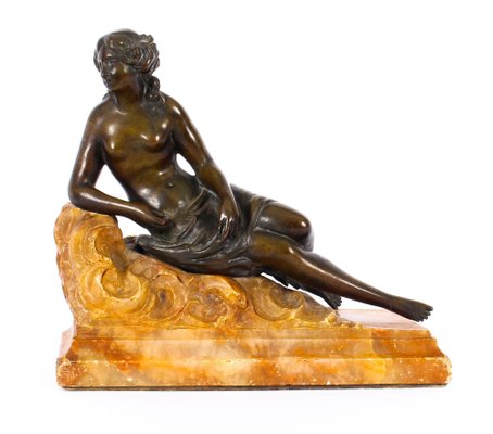 Antique-Italian Bronze Figure On Marble Base-Grecian Lady With Lamp & Plate-circa 1870's