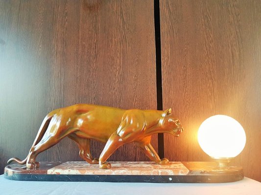 Art Deco Panther Sculptural Table Lamp France 1930s for sale at