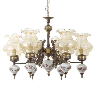 DANS LE GOÛT DE MURANO : Lustre à 6 bras de lumière en verre à décor de
