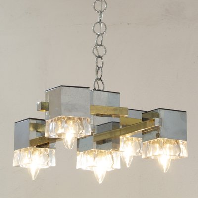 Italian 5 Light Chandelier With Glass Cubes Chrome And Gold Geometric Structure By Gaetano Sciolari For Stilnovo At Pamono Italian 5 Light Chandelier With Glass, Chrome Glass Light Chandeliers
