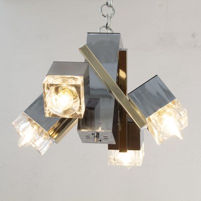 Italian 4 Light Chandelier With Glass Cubes Chrome And Gold Geometric Structure By Gaetano Sciolari For Stilnovo At Pamono - Gold Geometric Ceiling Light