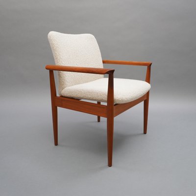 Teak Diplomat Chair in White Boucl Fabric by Finn Juhl for France