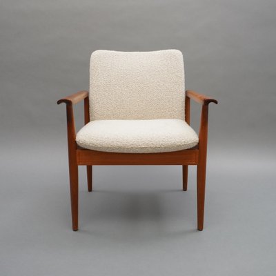 Teak Diplomat Chair in White Bouclé Fabric by Finn Juhl for France