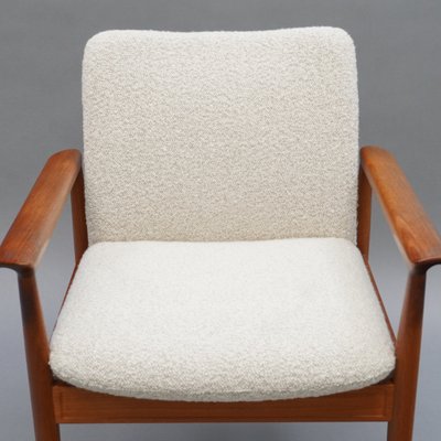 Teak Diplomat Chair in White Bouclé Fabric by Finn Juhl for France