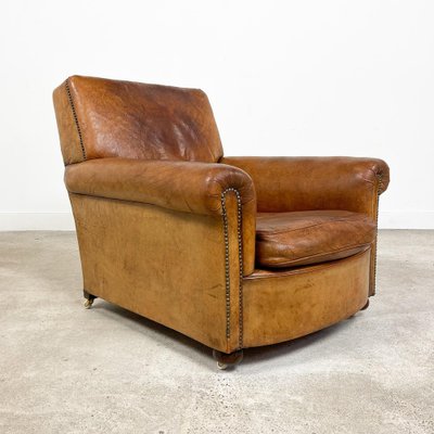 Antique Lounge Chair In Sheep Leather, Deep Seat Armchair