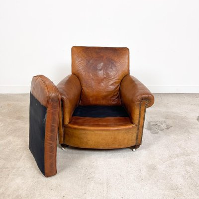 Antique Lounge Chair In Sheep Leather, Deep Seat Armchair