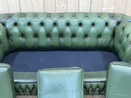 Chesterfield Green 3 Seater Sofa 1980s, Green Leather Sofa Set